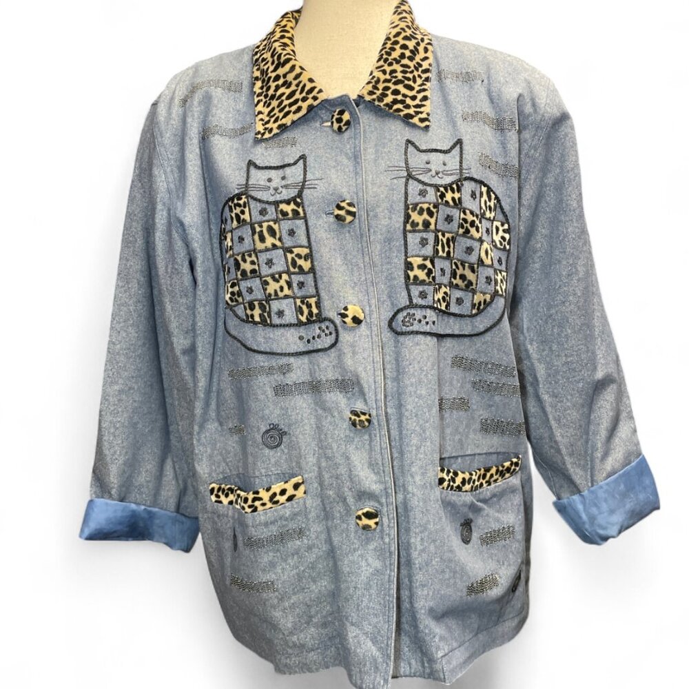Vtg Great‎ Cavalier by St. Paul Cat Embroidered Chore Silk Denim Jacket Size M